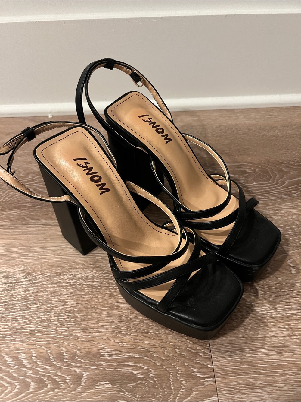 Womsi Black Strappy Square-Toe Heeled Sandals with Ankle Buckle